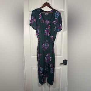 Patrons of Peace Floral Crepe Jumpsuit Dark Green Flutter Sleeves Size Medium